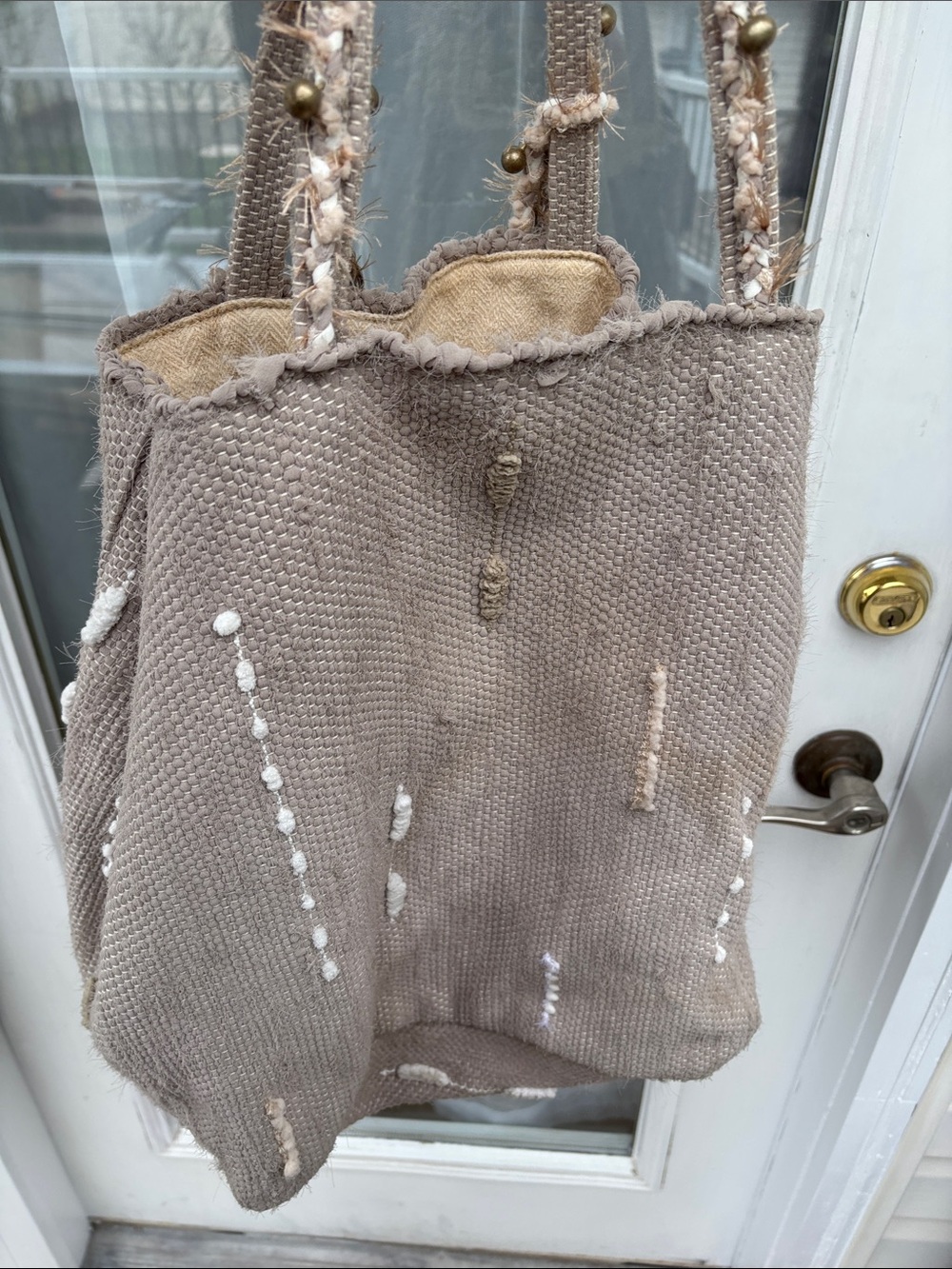 Ancient Greek Sandals Taupe Boho Beaded Braided Handles BOHO VASO TOTE BAG - Picture 6 of 14